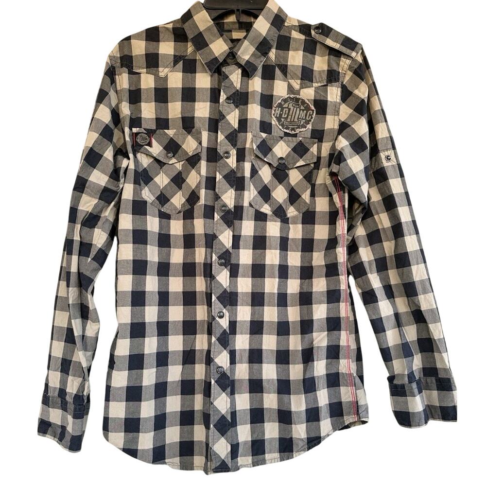 Men’s Harley Davidson Tan Plaid Flannel Button Down Shirt 100% Cotton Size Large